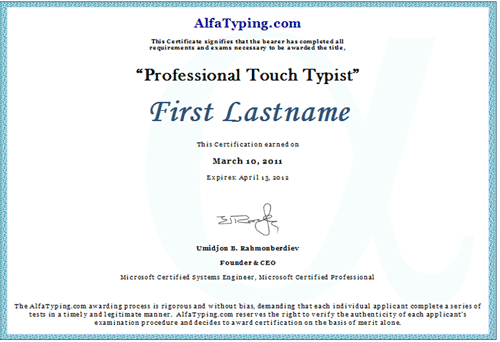 Sample typing certificate